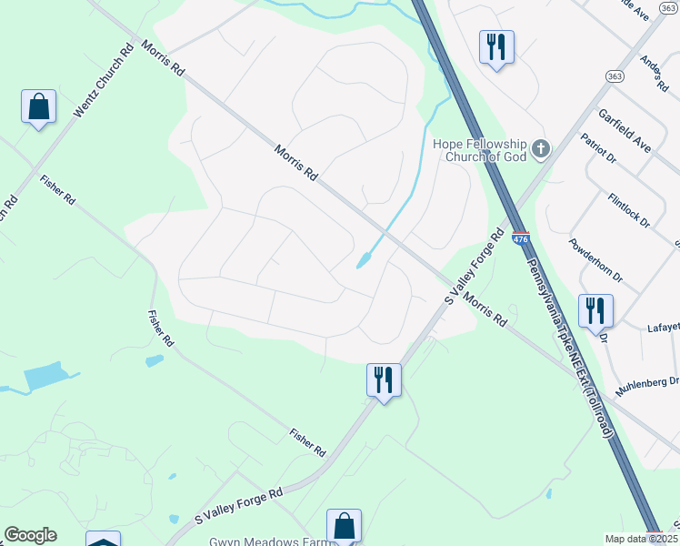 map of restaurants, bars, coffee shops, grocery stores, and more near 2301 Warner Road in Lansdale