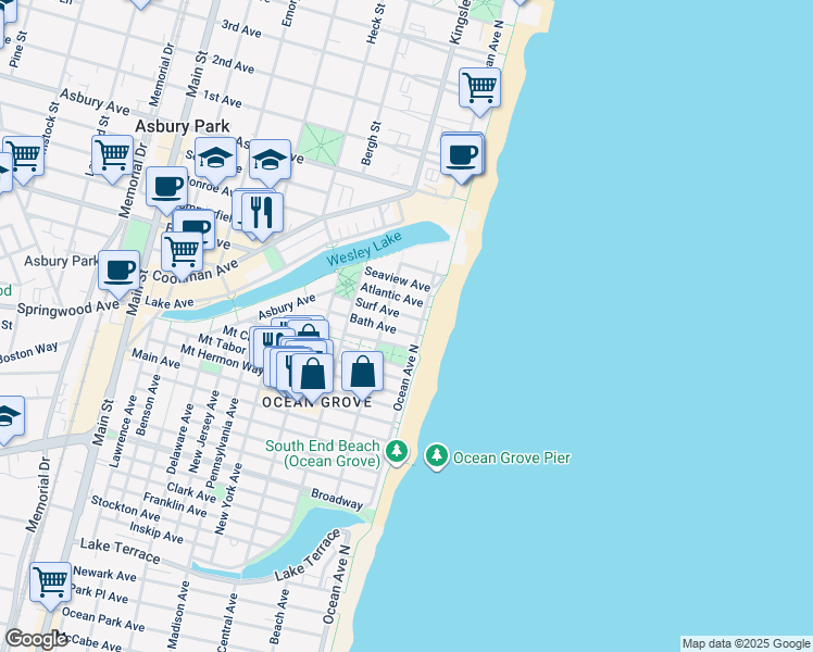 map of restaurants, bars, coffee shops, grocery stores, and more near 2 Atlantic Avenue in Neptune Township