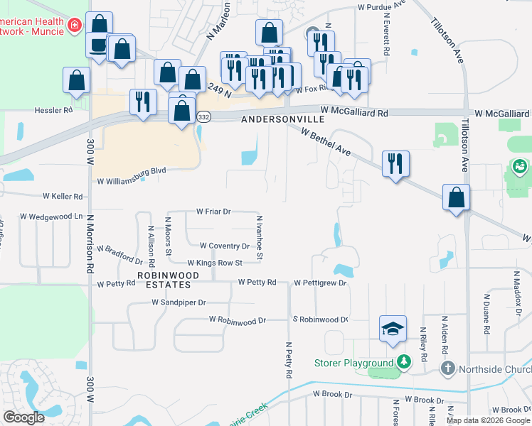 map of restaurants, bars, coffee shops, grocery stores, and more near 2611 N Lyn-Mar Dr in Muncie
