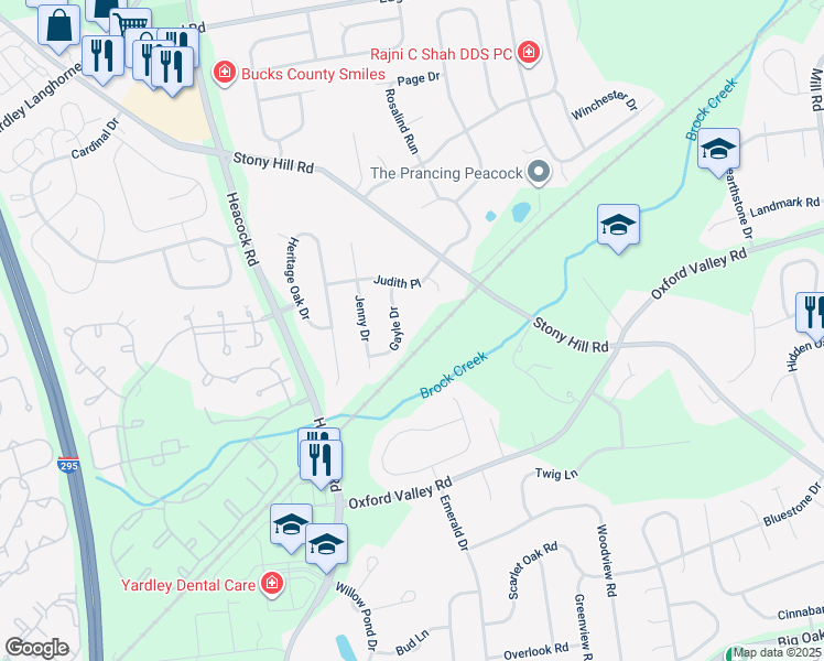 map of restaurants, bars, coffee shops, grocery stores, and more near 498 Gayle Drive in Yardley