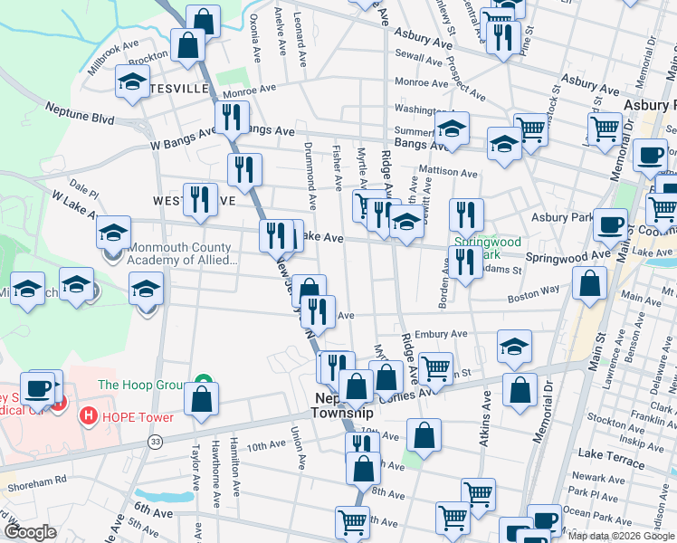 map of restaurants, bars, coffee shops, grocery stores, and more near 257 Fisher Avenue in Neptune City