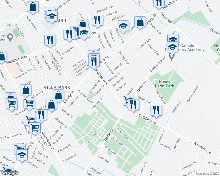 map of restaurants, bars, coffee shops, grocery stores, and more near South Olden Avenue & Edmund Street in Hamilton Township