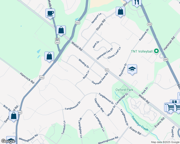 map of restaurants, bars, coffee shops, grocery stores, and more near 1504 Rose Lane in North Wales