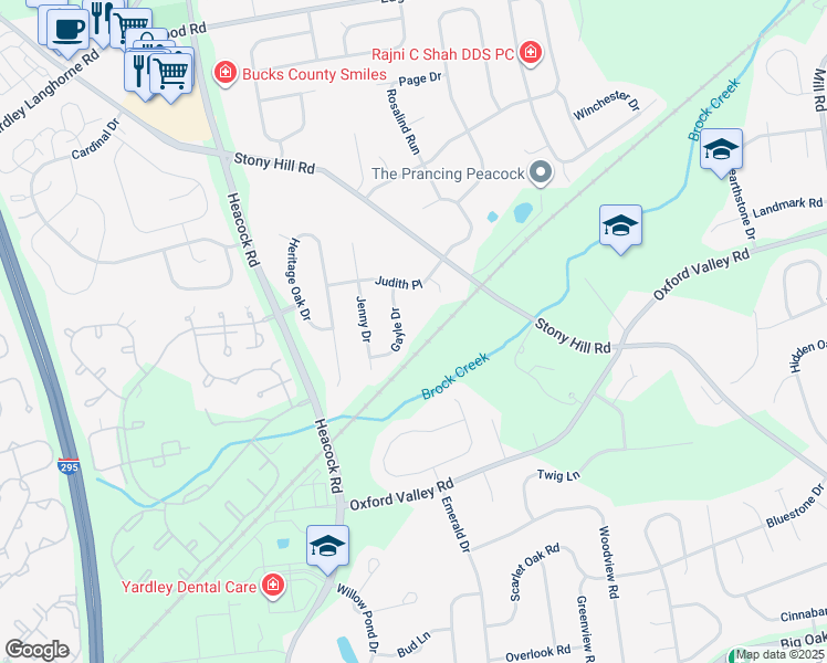 map of restaurants, bars, coffee shops, grocery stores, and more near 498 Gayle Drive in Yardley