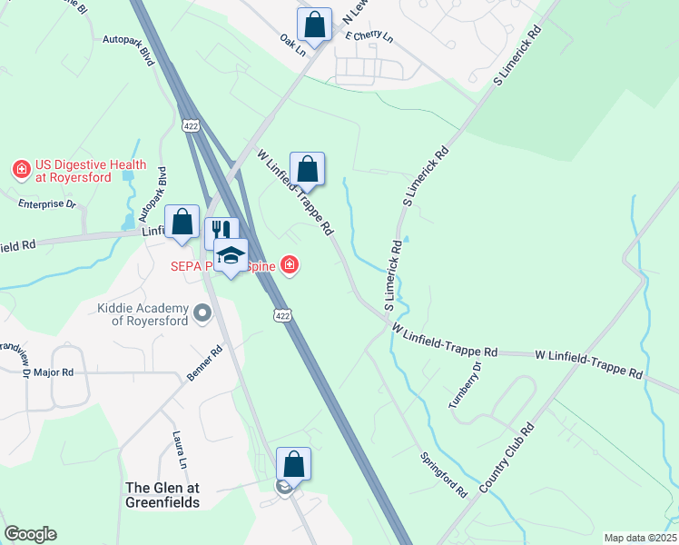 map of restaurants, bars, coffee shops, grocery stores, and more near 381 West Linfield-Trappe Road in Royersford