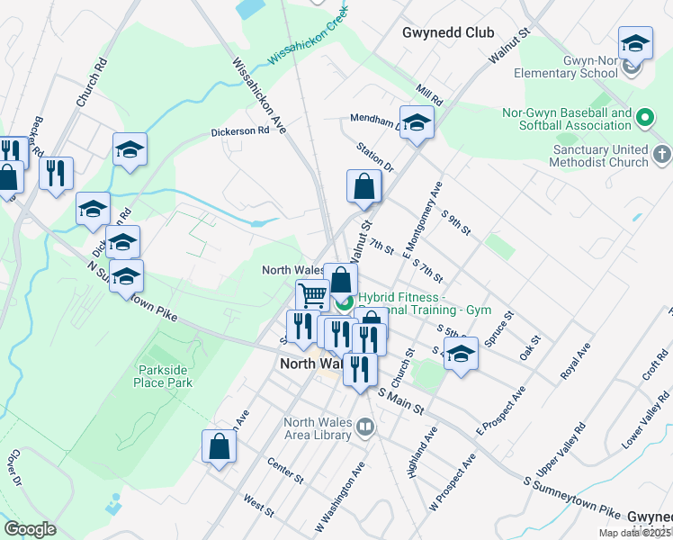 map of restaurants, bars, coffee shops, grocery stores, and more near 499 East Walnut Street in North Wales