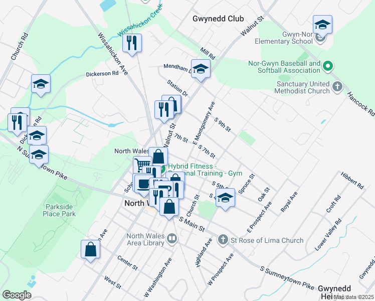map of restaurants, bars, coffee shops, grocery stores, and more near 612 East Montgomery Avenue in North Wales