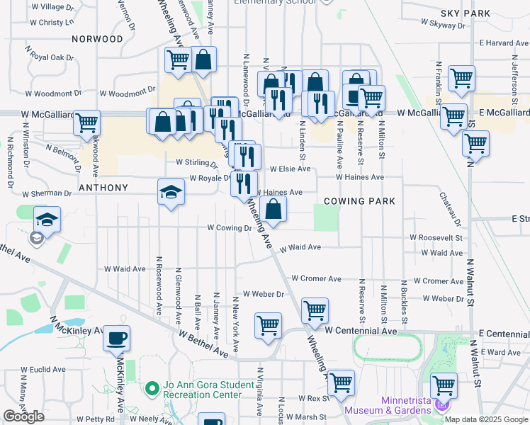map of restaurants, bars, coffee shops, grocery stores, and more near 1117 West Haines Avenue in Muncie