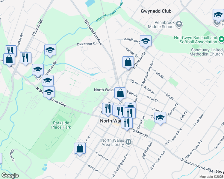 map of restaurants, bars, coffee shops, grocery stores, and more near 450 Beaver Street in North Wales