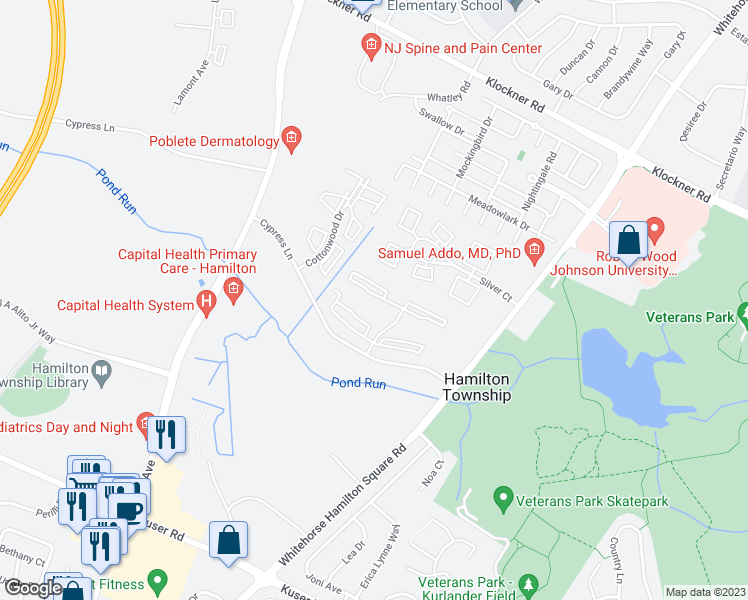map of restaurants, bars, coffee shops, grocery stores, and more near 8 Cheverny Court in Hamilton Township