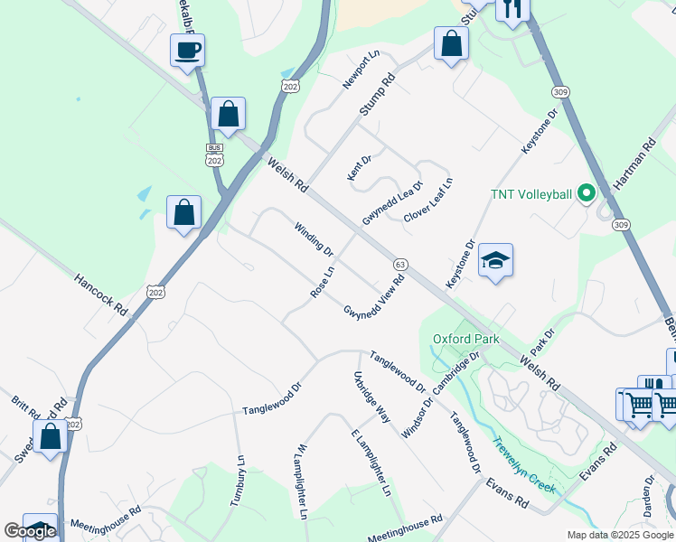 map of restaurants, bars, coffee shops, grocery stores, and more near 1504 Rose Lane in North Wales