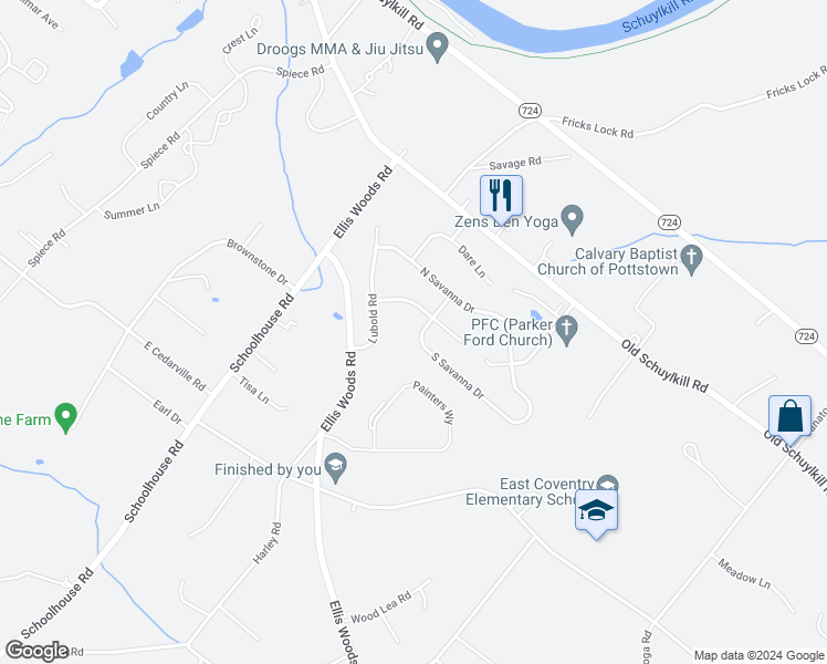 map of restaurants, bars, coffee shops, grocery stores, and more near 252 South Savanna Drive in Pottstown