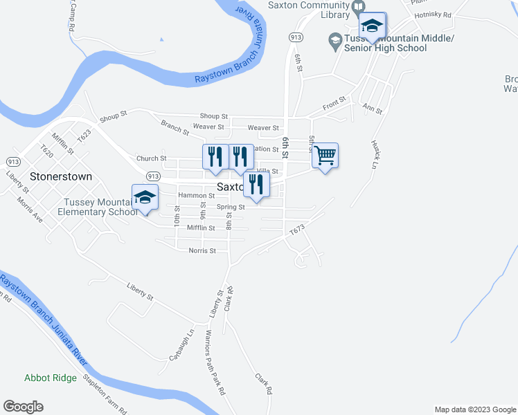 map of restaurants, bars, coffee shops, grocery stores, and more near 7th St in Saxton