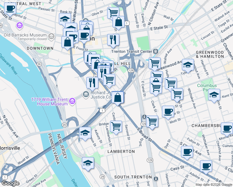 map of restaurants, bars, coffee shops, grocery stores, and more near 56 Conovers Alley in Trenton
