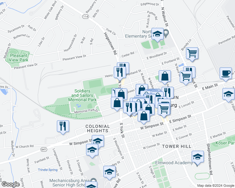 map of restaurants, bars, coffee shops, grocery stores, and more near 201 North York Street in Mechanicsburg