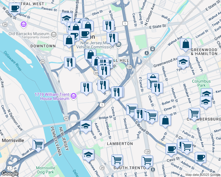 map of restaurants, bars, coffee shops, grocery stores, and more near 362 South Broad Street in Trenton