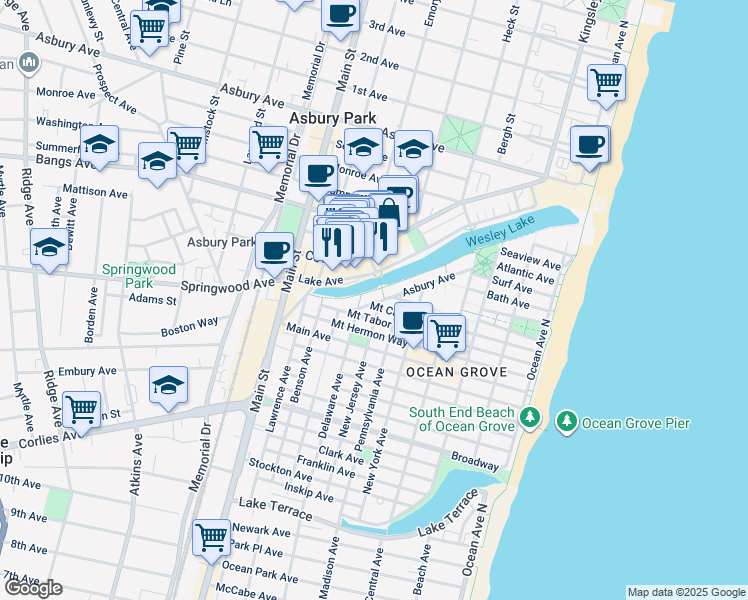 map of restaurants, bars, coffee shops, grocery stores, and more near 605 Lake Avenue in Asbury Park