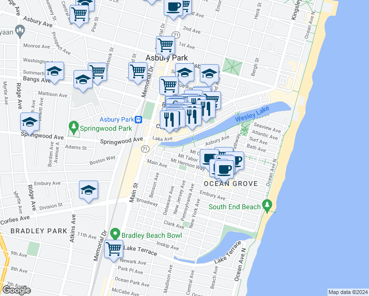 map of restaurants, bars, coffee shops, grocery stores, and more near 605 Lake Avenue in Asbury Park