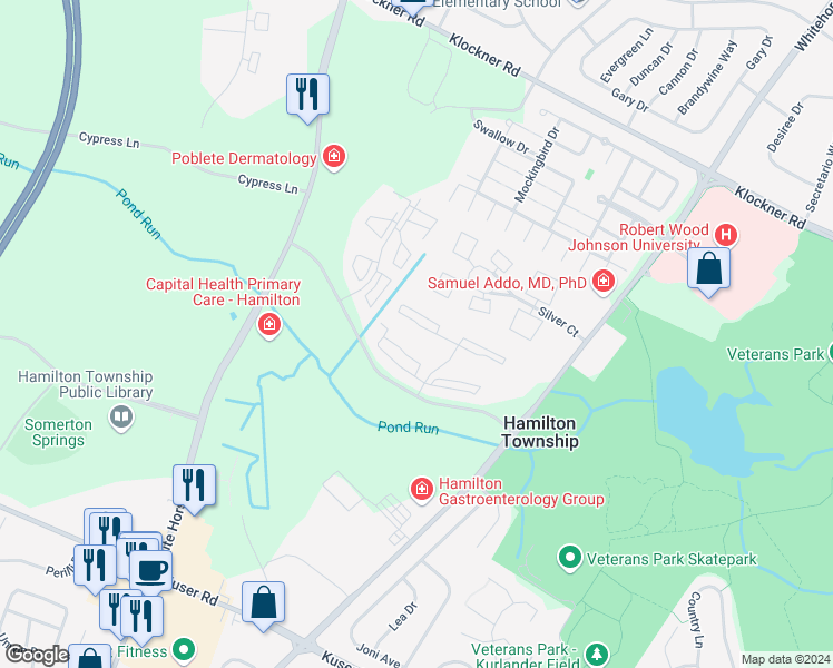 map of restaurants, bars, coffee shops, grocery stores, and more near 44 Cheverny Court in Hamilton Township