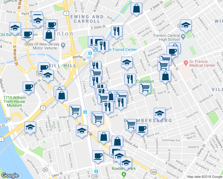 map of restaurants, bars, coffee shops, grocery stores, and more near 151 Pearl Street in Trenton