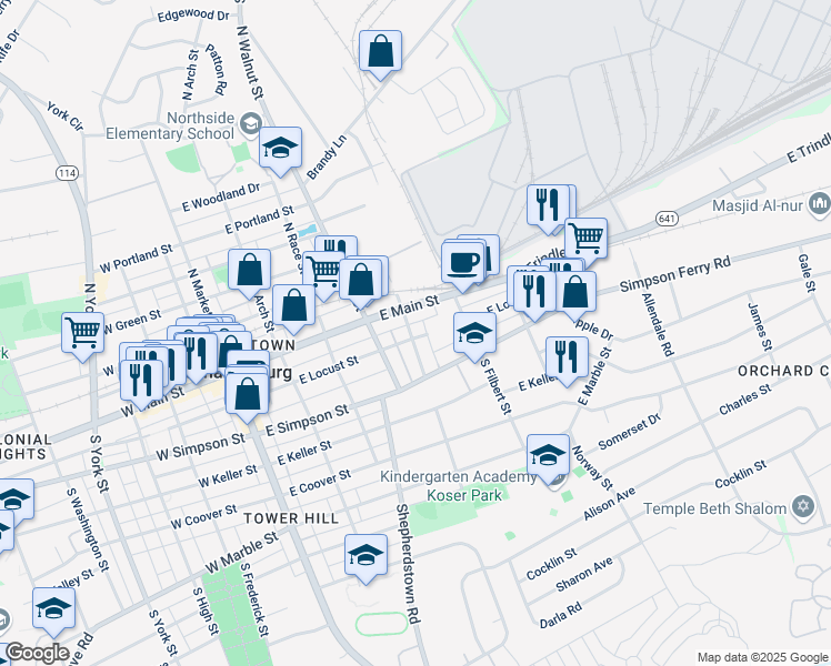 map of restaurants, bars, coffee shops, grocery stores, and more near 402 East Main Street in Mechanicsburg