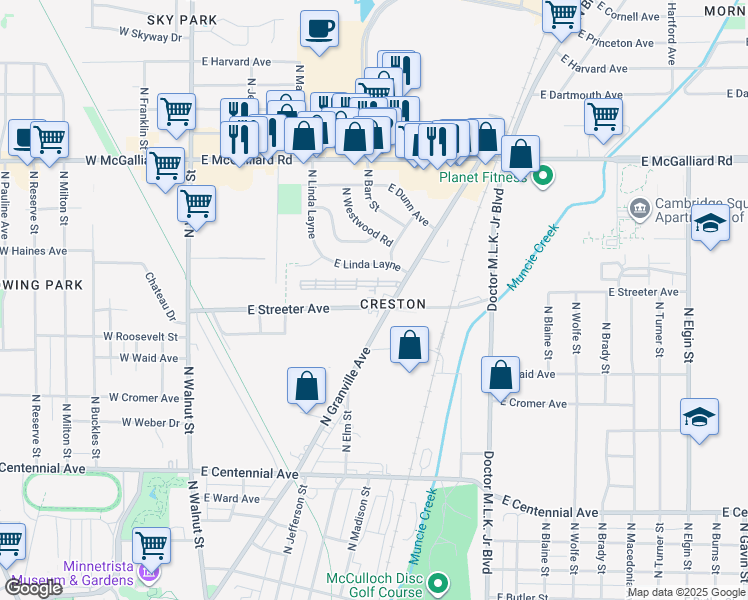 map of restaurants, bars, coffee shops, grocery stores, and more near 2601 North Granville Avenue in Muncie