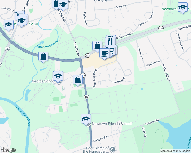 map of restaurants, bars, coffee shops, grocery stores, and more near 126 Granite Hill Court in Langhorne