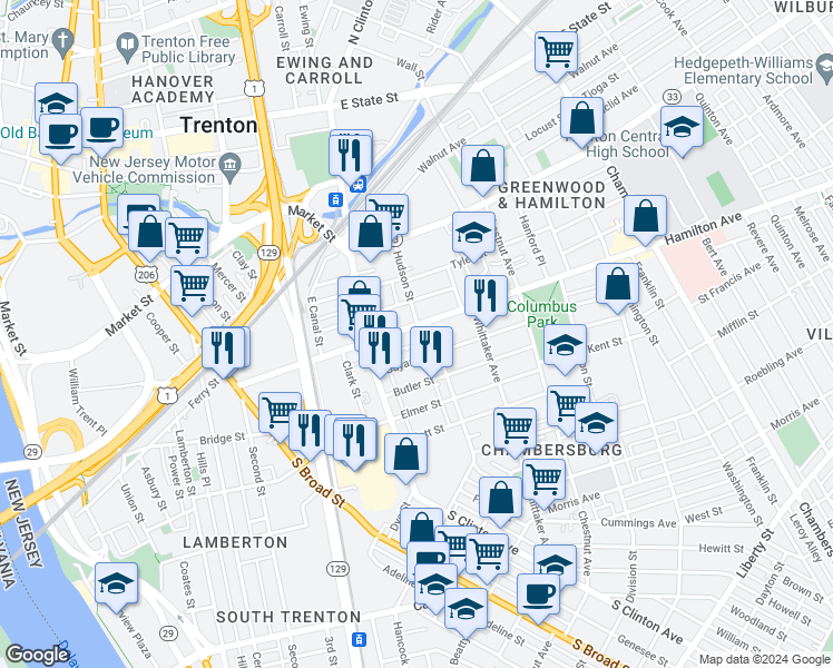 map of restaurants, bars, coffee shops, grocery stores, and more near 257 Hamilton Avenue in Trenton