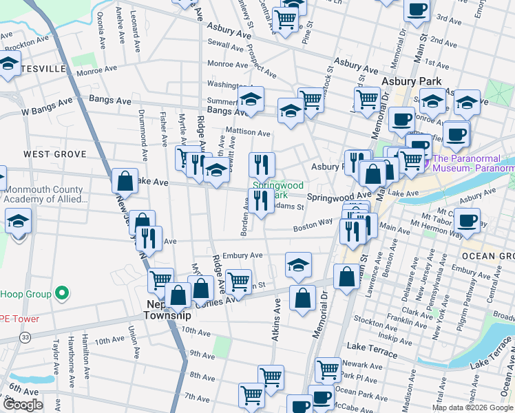 map of restaurants, bars, coffee shops, grocery stores, and more near 3 Borden Avenue in Asbury Park