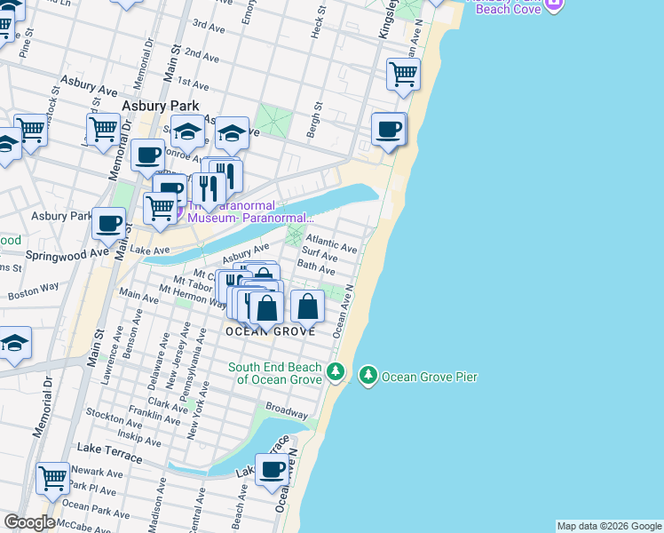 map of restaurants, bars, coffee shops, grocery stores, and more near 21 Surf Avenue in Neptune Township