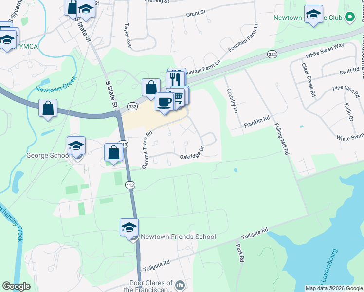 map of restaurants, bars, coffee shops, grocery stores, and more near 163 Meadowview Court in Langhorne