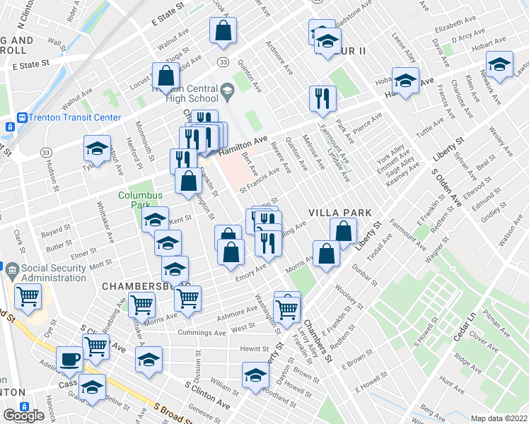 map of restaurants, bars, coffee shops, grocery stores, and more near 308 Commonwealth Avenue in Trenton