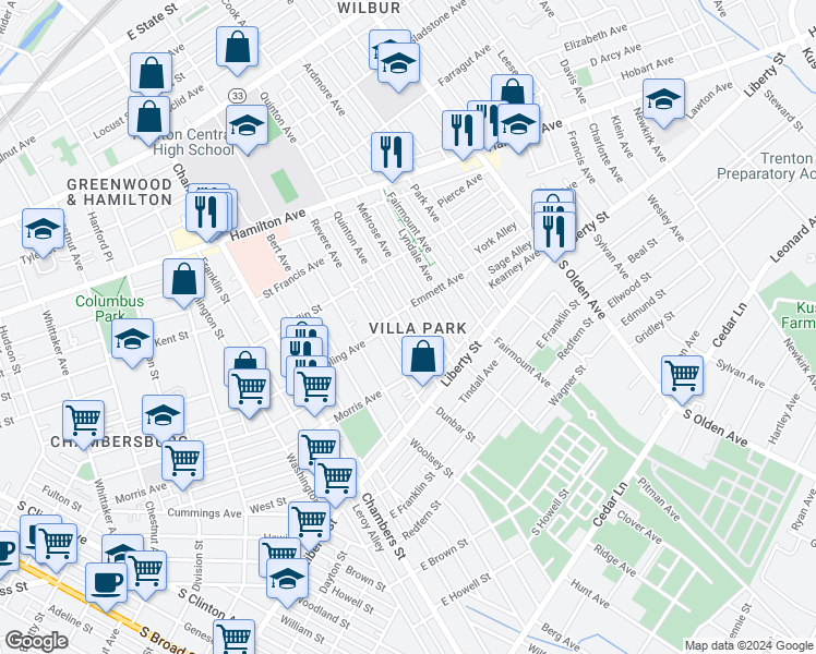 map of restaurants, bars, coffee shops, grocery stores, and more near 1014 Quinton Avenue in Trenton