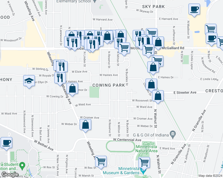 map of restaurants, bars, coffee shops, grocery stores, and more near 2500 North Reserve Street in Muncie