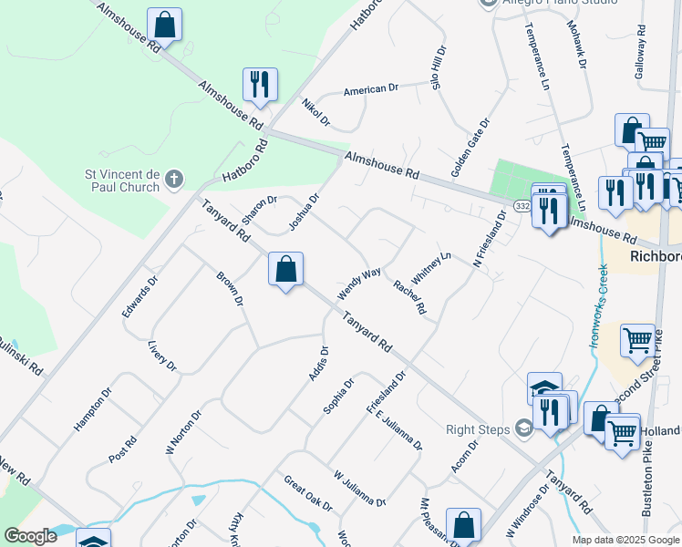 map of restaurants, bars, coffee shops, grocery stores, and more near 12 Inverness Court in Richboro