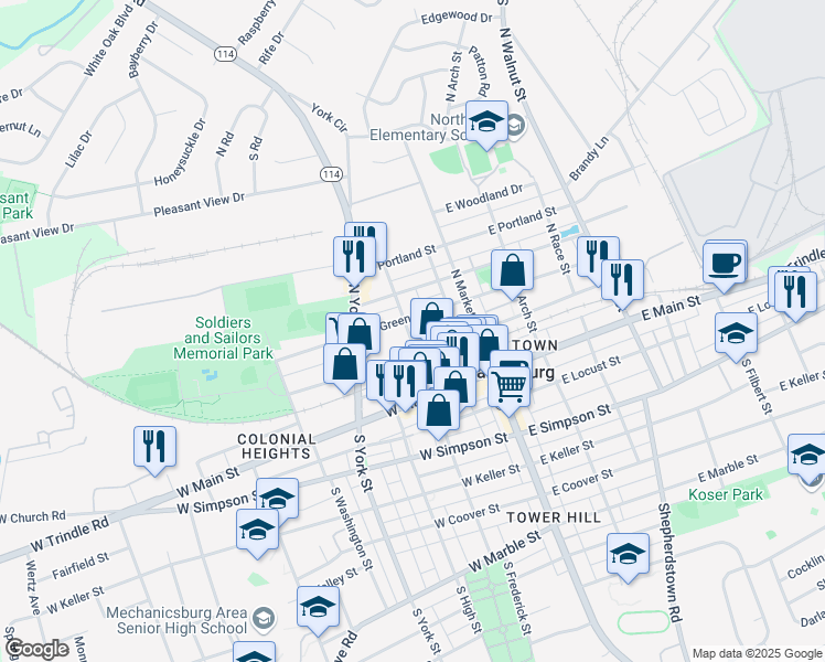 map of restaurants, bars, coffee shops, grocery stores, and more near 116 North Frederick Street in Mechanicsburg