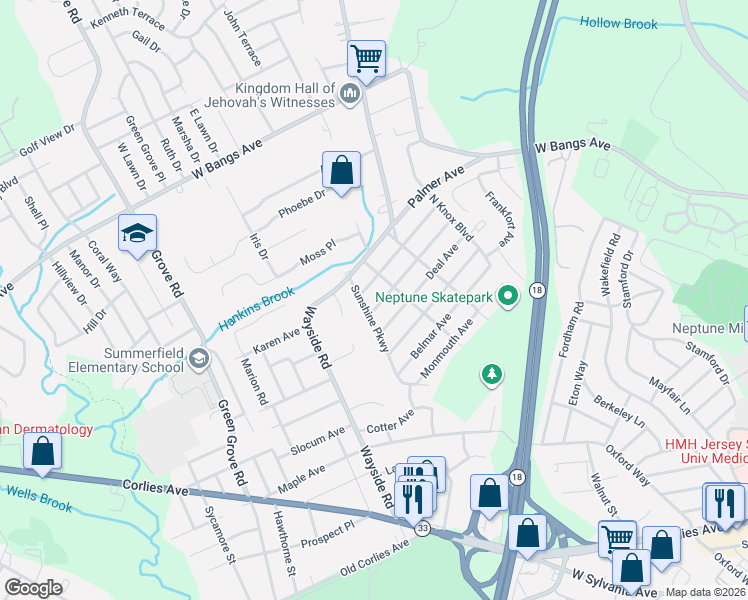 map of restaurants, bars, coffee shops, grocery stores, and more near 107 Allenhurst Avenue in Neptune City
