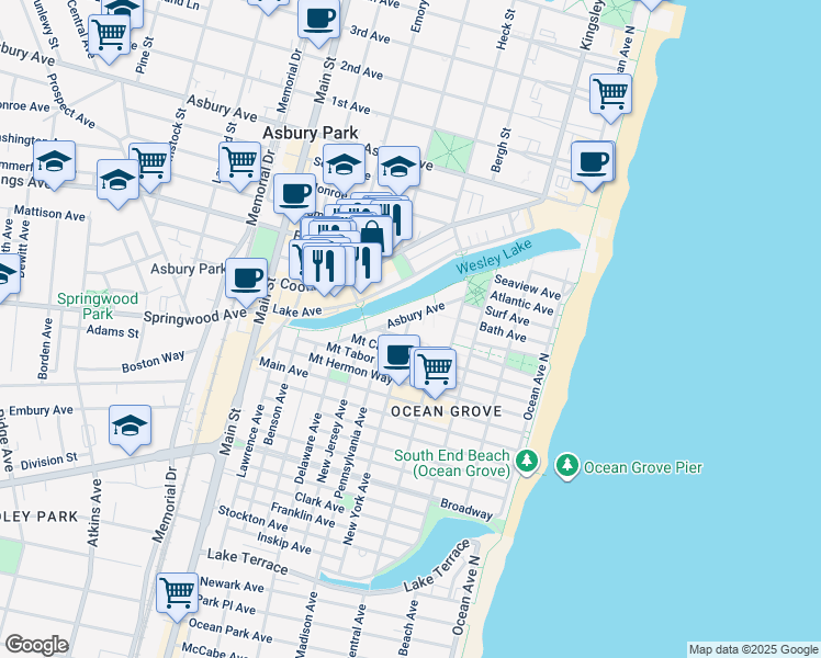 map of restaurants, bars, coffee shops, grocery stores, and more near 88 Lake Avenue in Neptune Township