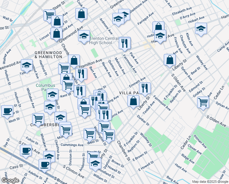 map of restaurants, bars, coffee shops, grocery stores, and more near 921 Revere Avenue in Trenton