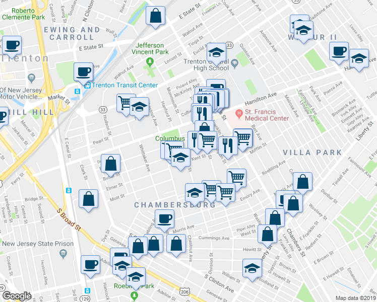 map of restaurants, bars, coffee shops, grocery stores, and more near 44 Conrad Street in Trenton