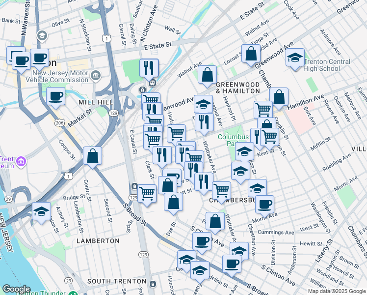 map of restaurants, bars, coffee shops, grocery stores, and more near 292 Hamilton Avenue in Trenton