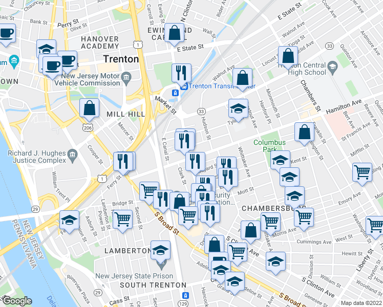 map of restaurants, bars, coffee shops, grocery stores, and more near 326 South Clinton Avenue in Trenton