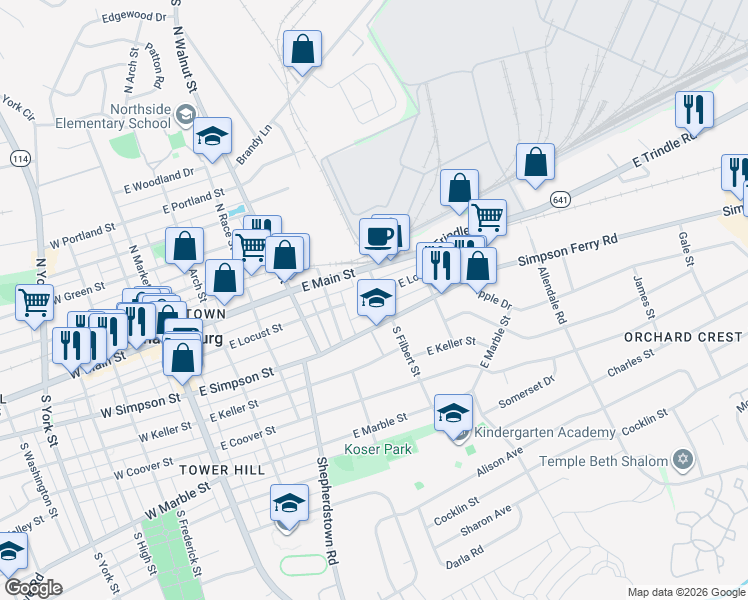 map of restaurants, bars, coffee shops, grocery stores, and more near 12 South Filbert Street in Mechanicsburg