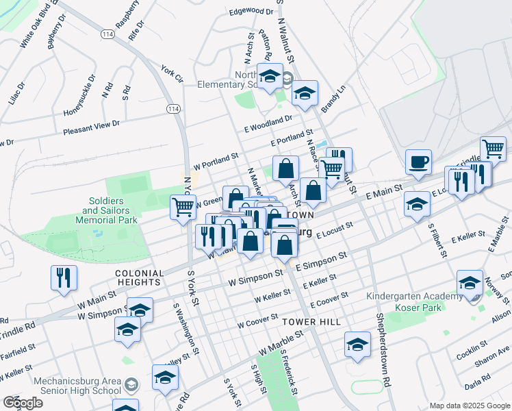map of restaurants, bars, coffee shops, grocery stores, and more near 114 North Market Street in Mechanicsburg
