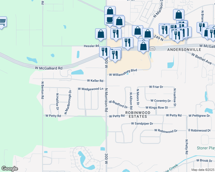 map of restaurants, bars, coffee shops, grocery stores, and more near 4901-4905 West Keller Road in Muncie