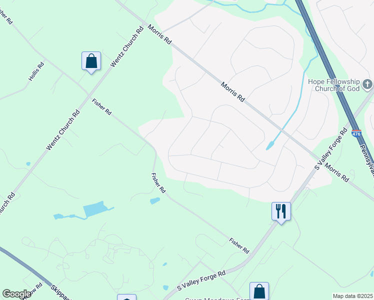 map of restaurants, bars, coffee shops, grocery stores, and more near 2225 Ayreshire Drive in Lansdale