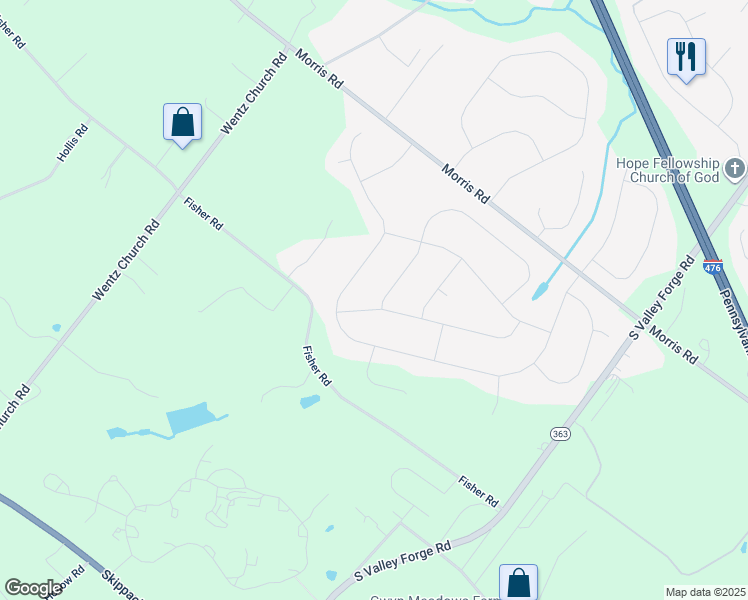 map of restaurants, bars, coffee shops, grocery stores, and more near 2225 Ayreshire Drive in Lansdale