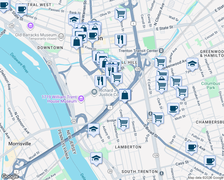 map of restaurants, bars, coffee shops, grocery stores, and more near 343 South Broad Street in Trenton