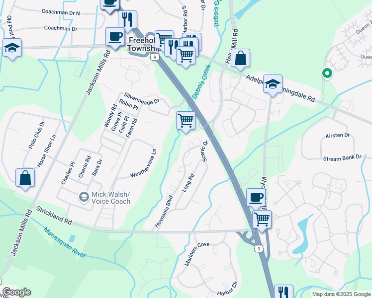 map of restaurants, bars, coffee shops, grocery stores, and more near 17 Augusta Court in Freehold Township
