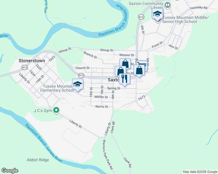 map of restaurants, bars, coffee shops, grocery stores, and more near 800-898 Main Street in Saxton